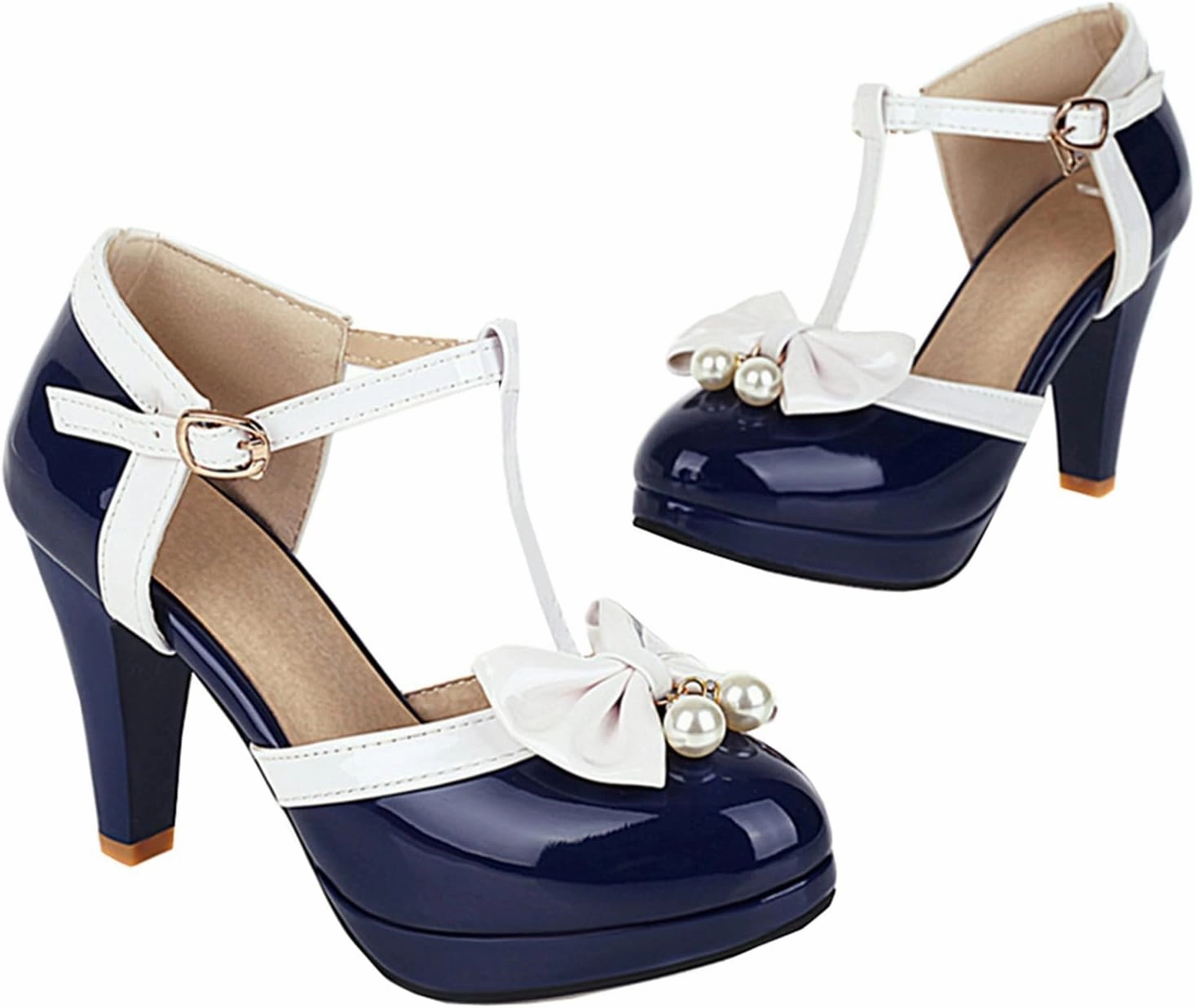 Elbslutt Women's Cute Retro Rockabilly Shoes T Strap Mary Janes Heels Chunky Cosplay Shoes Sweet Block Heeled Bow Pumps