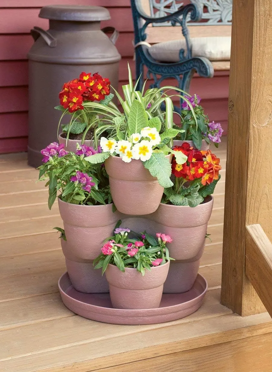 EMSCO Bloomers Stackable Flower Tower Planter – Holds up to 9 Plants – Great Both Indoors and Outdoors – Sand