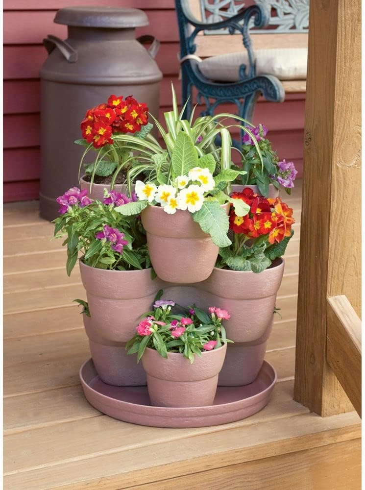 EMSCO Bloomers Stackable Flower Tower Planter – Holds up to 9 Plants – Great Both Indoors and Outdoors – Earth Brown