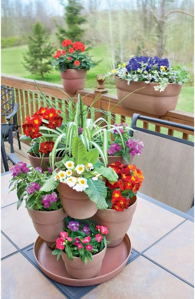 EMSCO Bloomers Stackable Flower Tower Planter – Holds up to 9 Plants – Great Both Indoors and Outdoors – Earth Brown