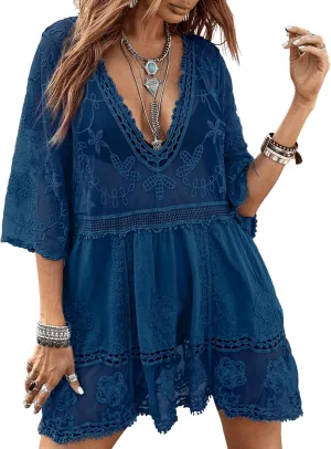 Eomenie Women's Contrast Lace Bathing Suit Cover Up V-Neck Swimsuit Coverups Loose Swimwear Beach Dress Beachwear