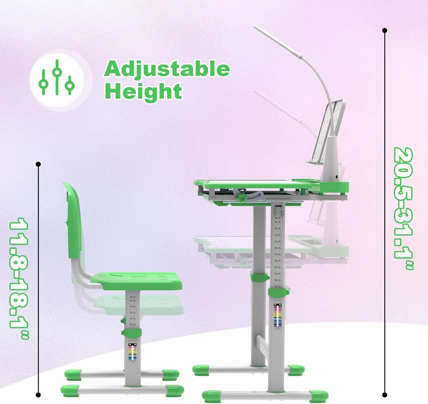 Ergonomic Child Desk Height Adjustable Kids Study Desk with Cup Holder,Tilt-able Desktop, School Desk for Kids Birthday Gift Green