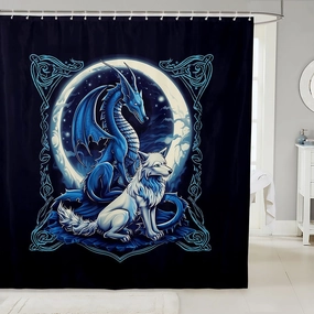 Erosebridal Dragon and Wolf Shower Curtain Set,Mythical Western Dragon Bathroom Decor for Boys Men,Hunting Wolf Bathroom Set,Video Game Gamer Fabric Shower Curtain 72" Wx84 L