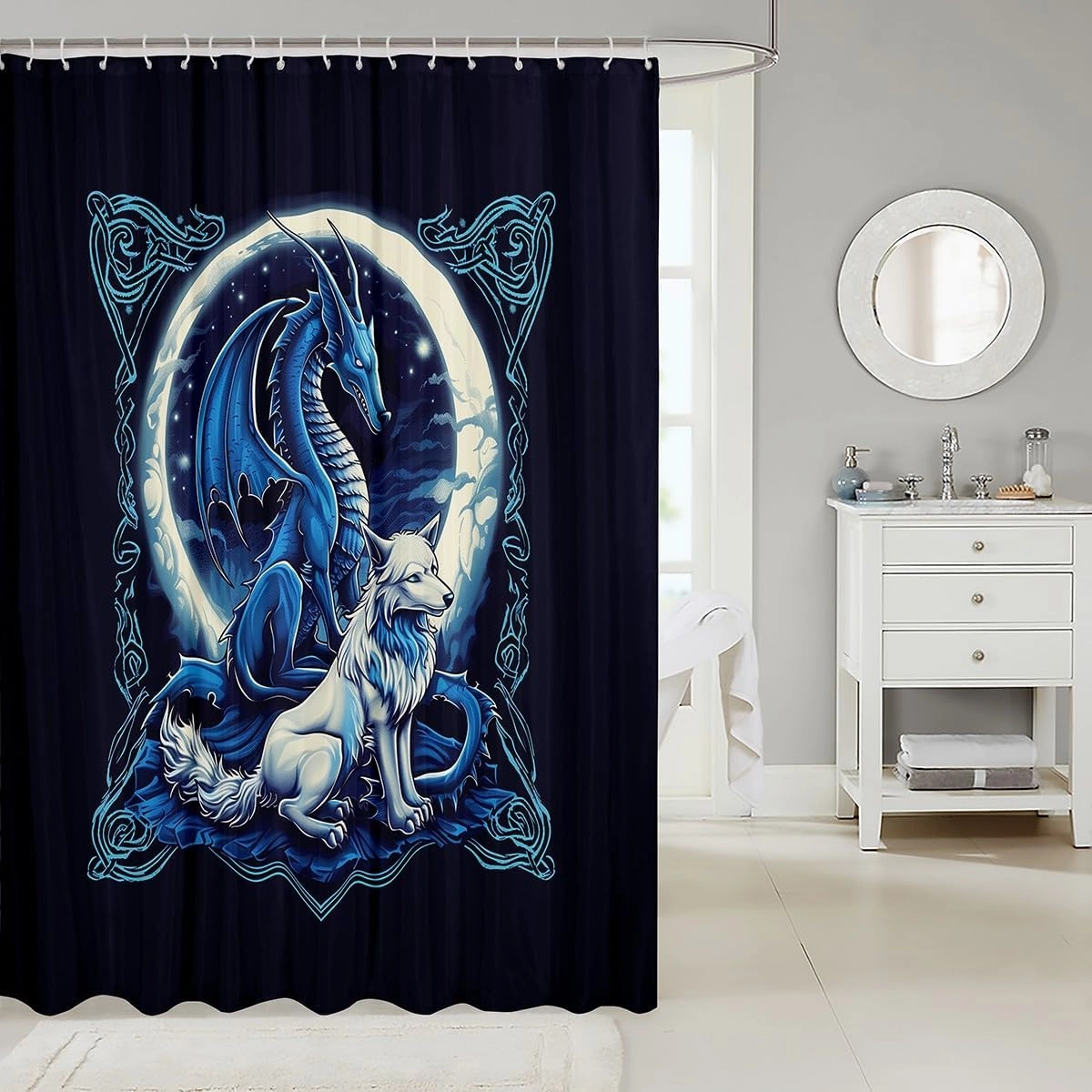 Erosebridal Dragon and Wolf Shower Curtain Set,Mythical Western Dragon Bathroom Decor for Boys Men,Hunting Wolf Bathroom Set,Video Game Gamer Fabric Shower Curtain 72" Wx84 L