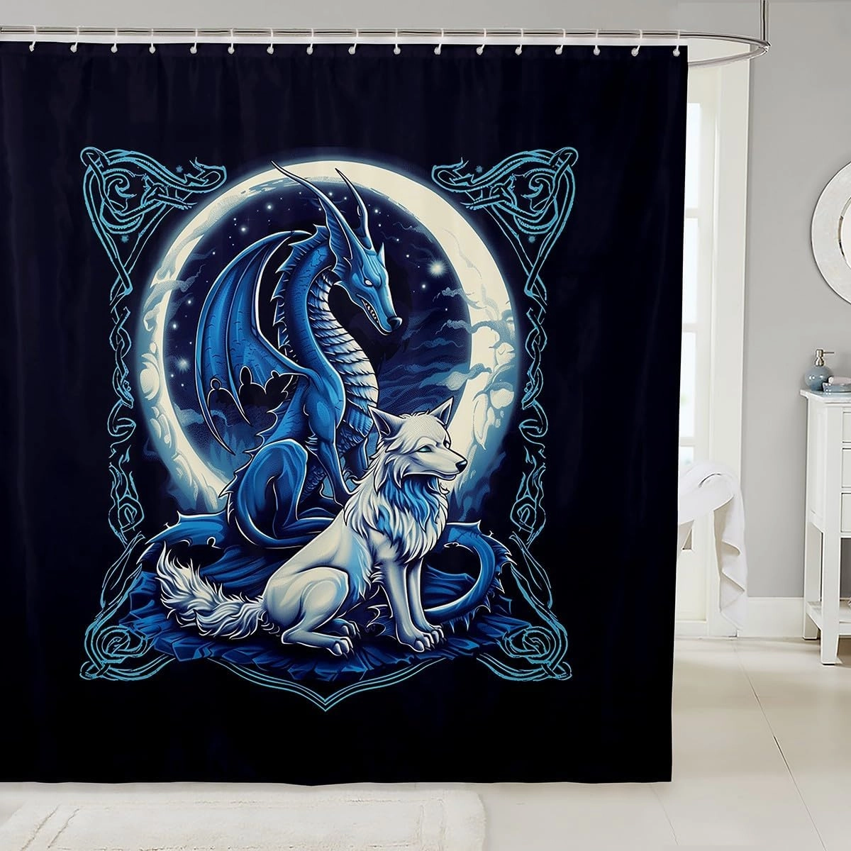 Erosebridal Dragon and Wolf Shower Curtain Set,Mythical Western Dragon Bathroom Decor for Boys Men,Hunting Wolf Bathroom Set,Video Game Gamer Fabric Shower Curtain 72" Wx84 L