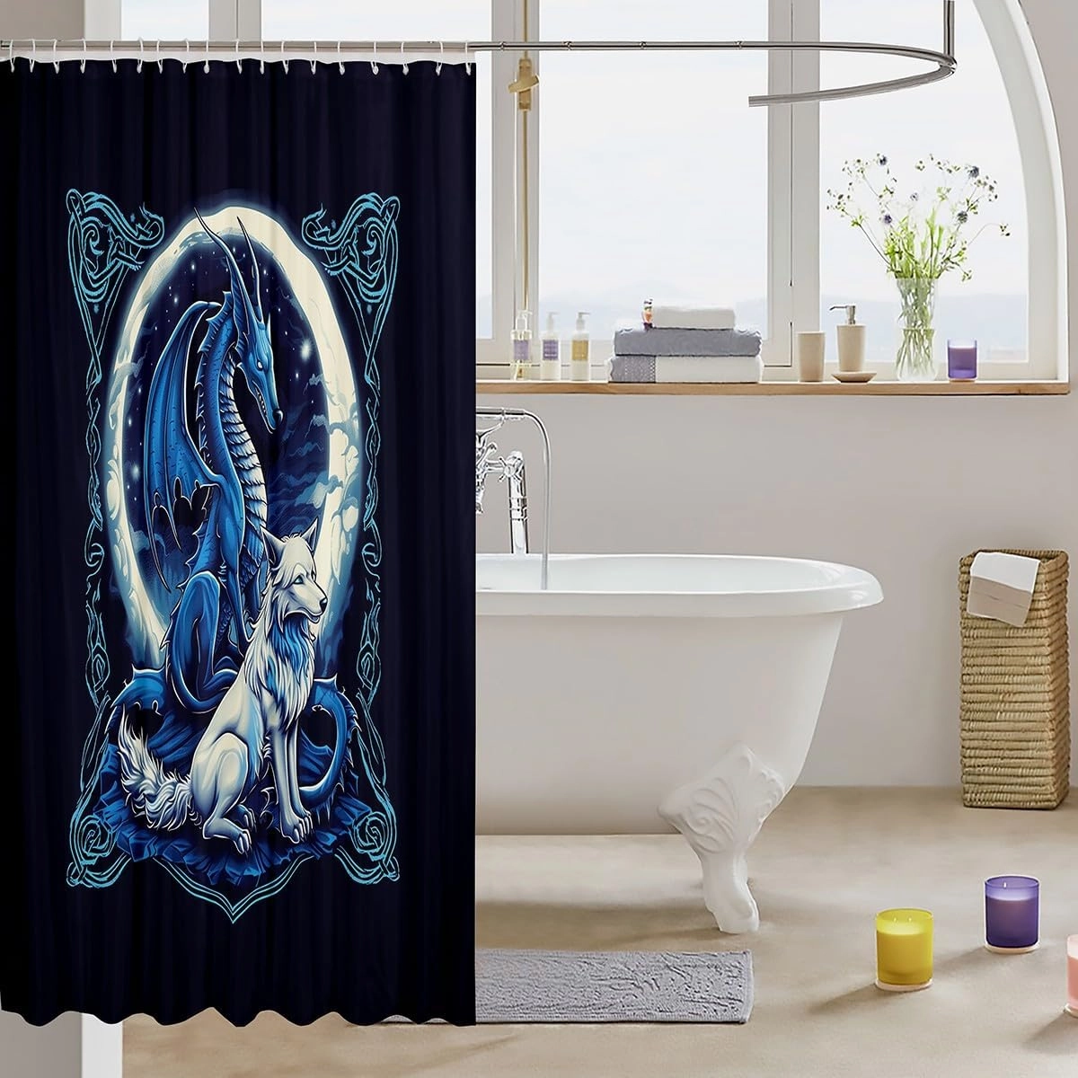 Erosebridal Dragon and Wolf Shower Curtain Set,Mythical Western Dragon Bathroom Decor for Boys Men,Hunting Wolf Bathroom Set,Video Game Gamer Fabric Shower Curtain 72" Wx84 L