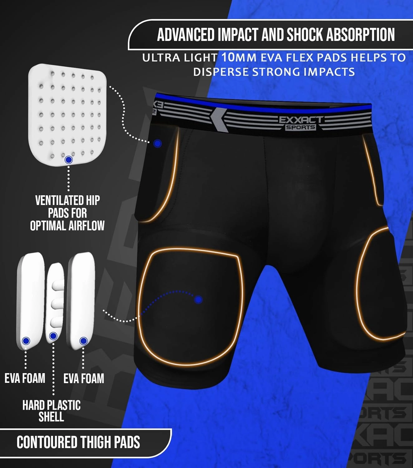 Exxact Sports Rebel 5-Pad Youth Football Girdle with Cup Pocket, Lightweight Padded Compression Shorts with Integrated Hip, Thigh, Tailbone Pads, Boys Girdle Football