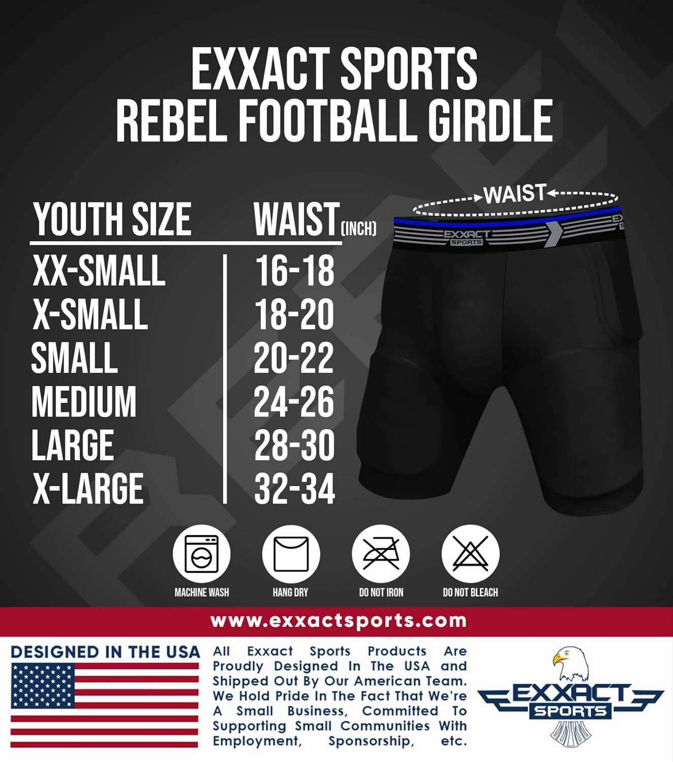 Exxact Sports Rebel 5-Pad Youth Football Girdle with Cup Pocket, Lightweight Padded Compression Shorts with Integrated Hip, Thigh, Tailbone Pads, Boys Girdle Football