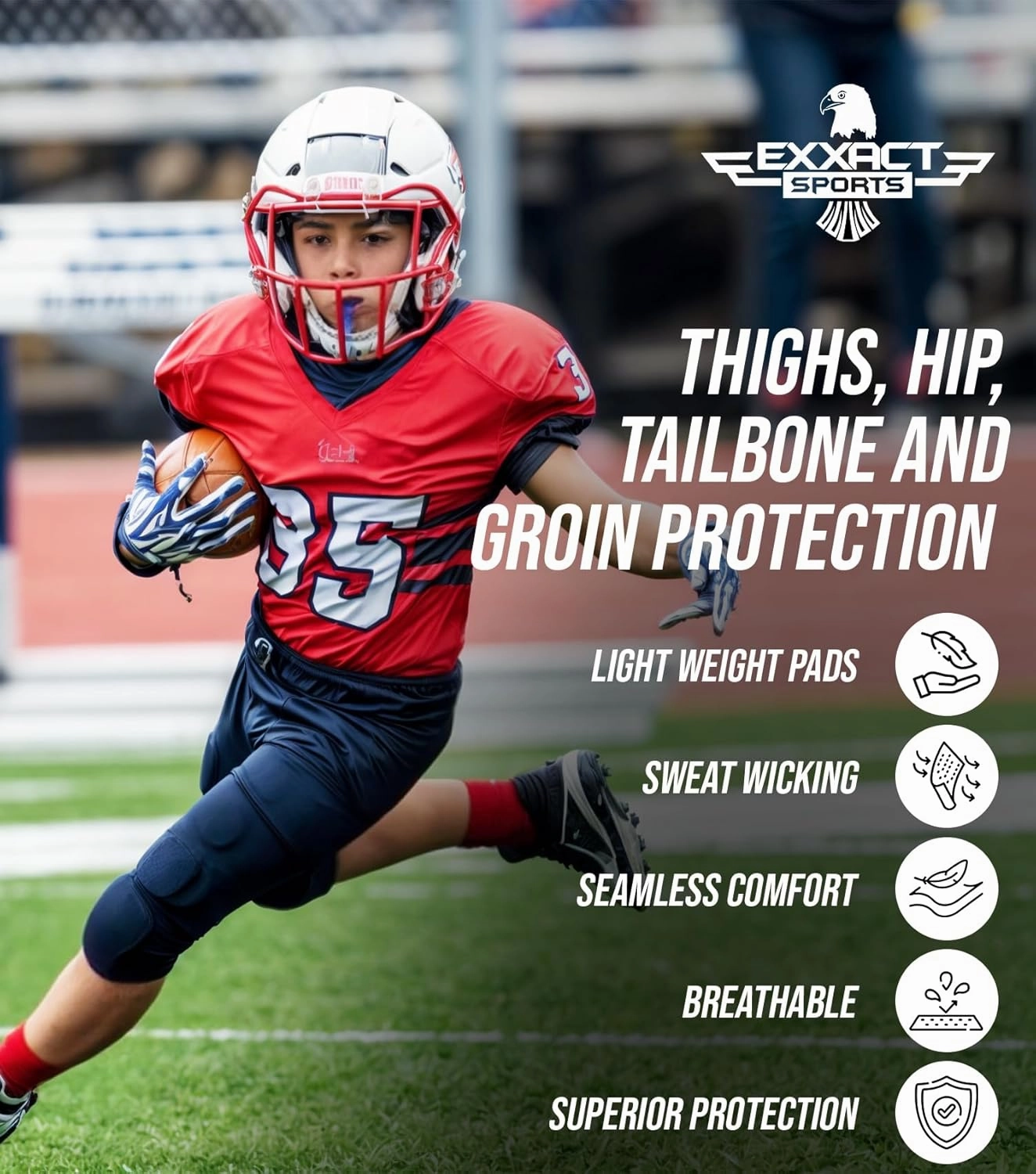 Exxact Sports Rebel 5-Pad Youth Football Girdle with Cup Pocket, Lightweight Padded Compression Shorts with Integrated Hip, Thigh, Tailbone Pads, Boys Girdle Football