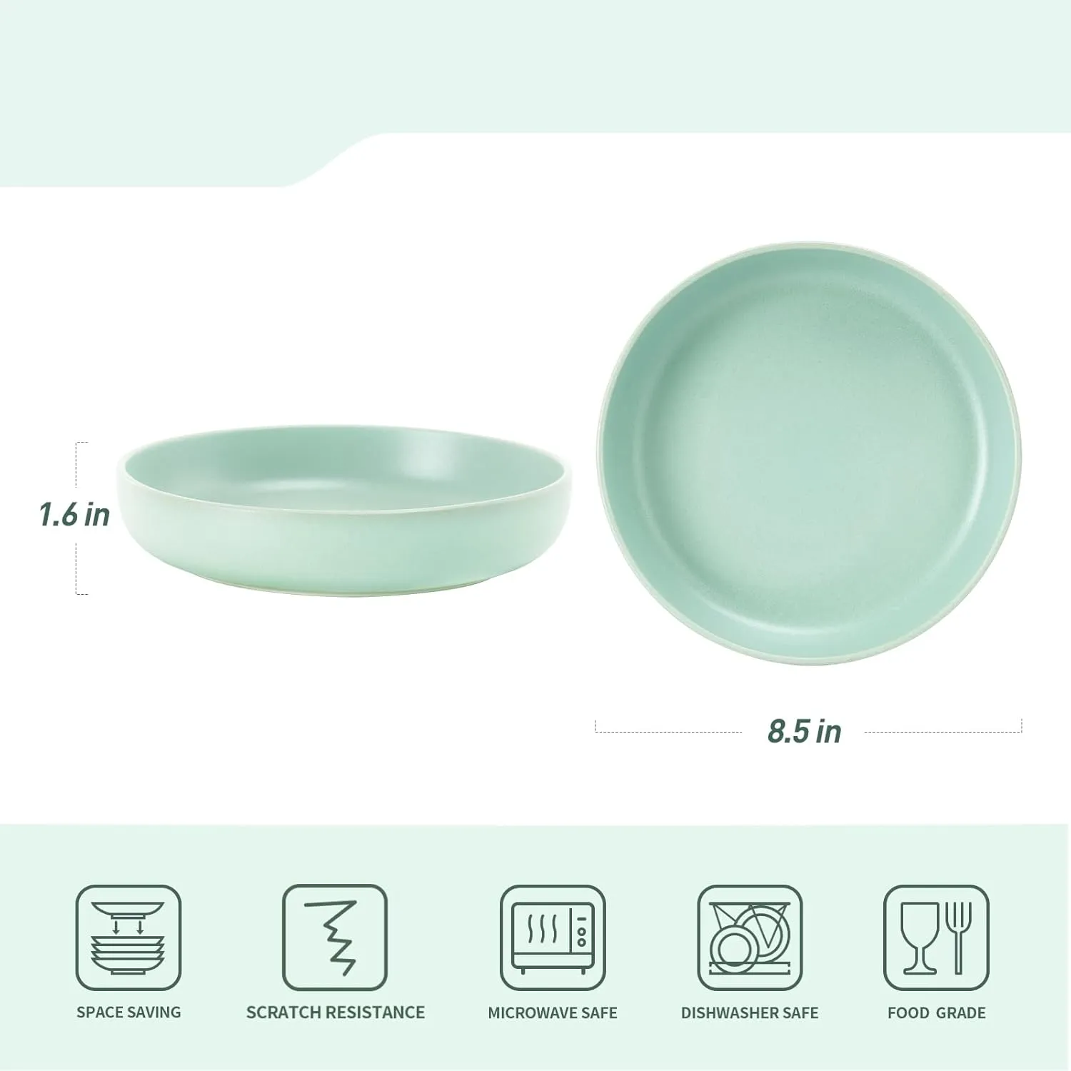 famiware Milkyway Pasta Bowls Set of 4, 8.5" Large Salad Bowls, Double Reactive Glaze, Sturdy & Stackable, Ideal for Housewarming, Festivals, Light Green