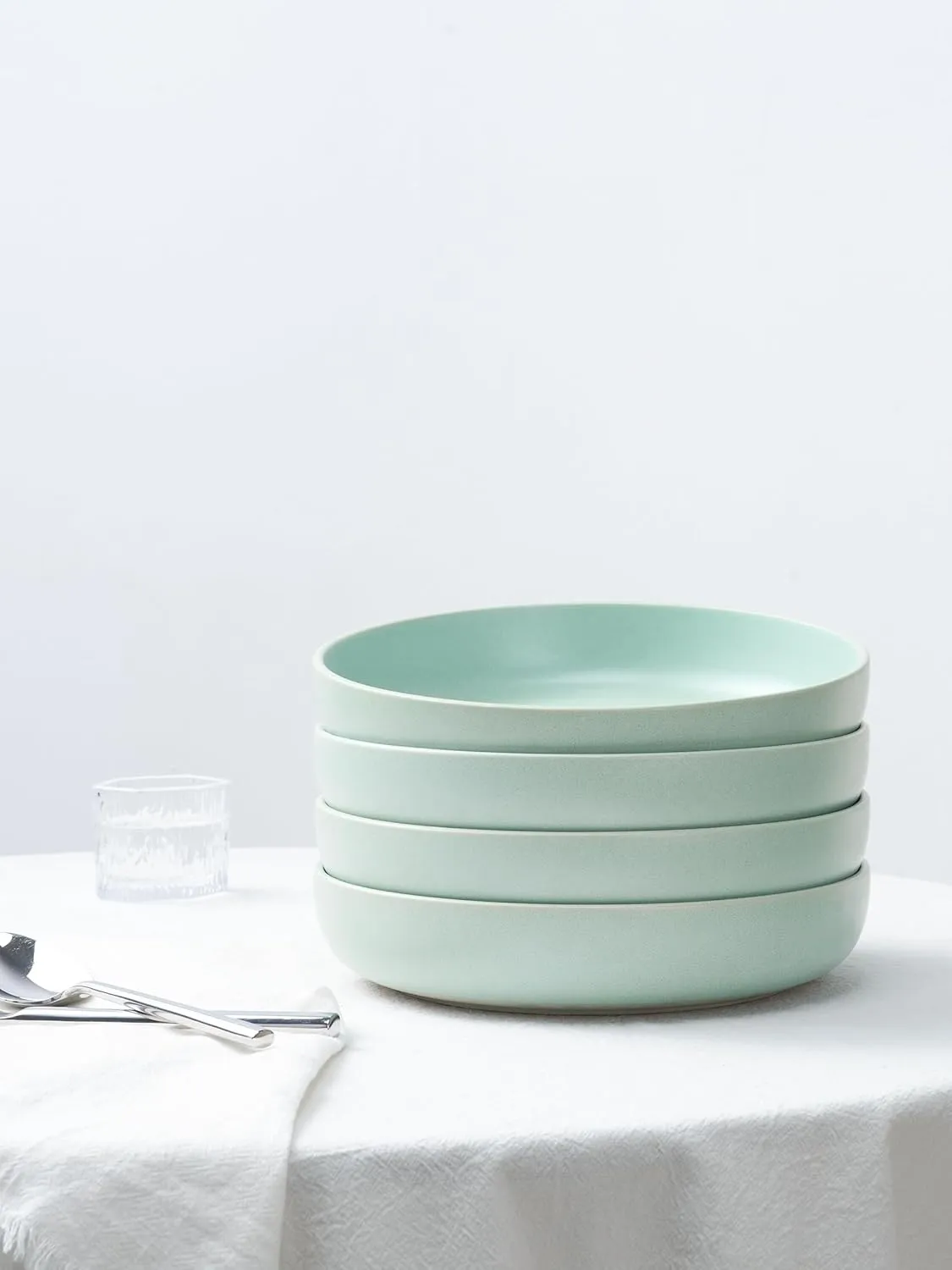 famiware Milkyway Pasta Bowls Set of 4, 8.5" Large Salad Bowls, Double Reactive Glaze, Sturdy & Stackable, Ideal for Housewarming, Festivals, Light Green