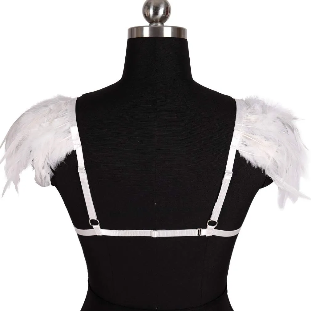 Feathers Epaulets Women's Body Harness Bra Lingerie cage Punk Chest Strap Festival Rave Plus Size