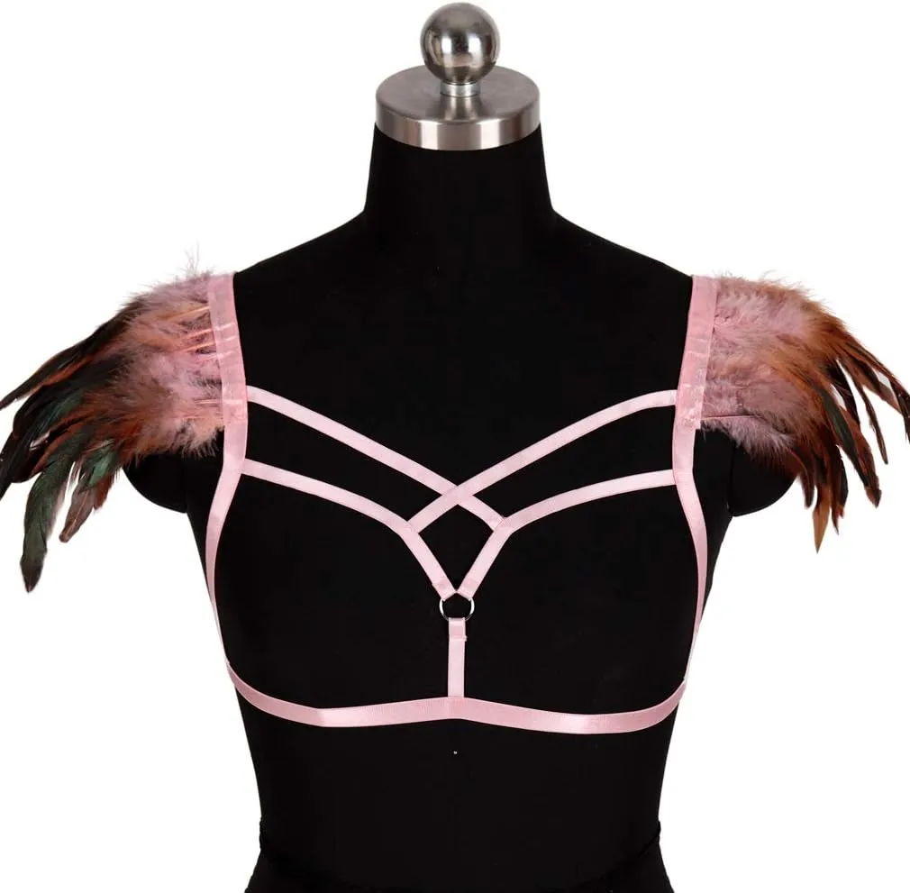 Feathers Epaulets Women's Body Harness Bra Lingerie cage Punk Chest Strap Festival Rave Plus Size