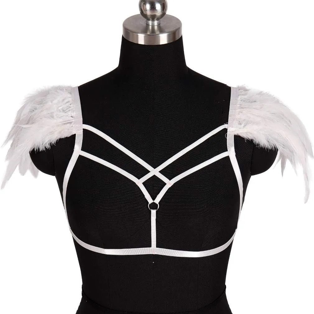Feathers Epaulets Women's Body Harness Bra Lingerie cage Punk Chest Strap Festival Rave Plus Size