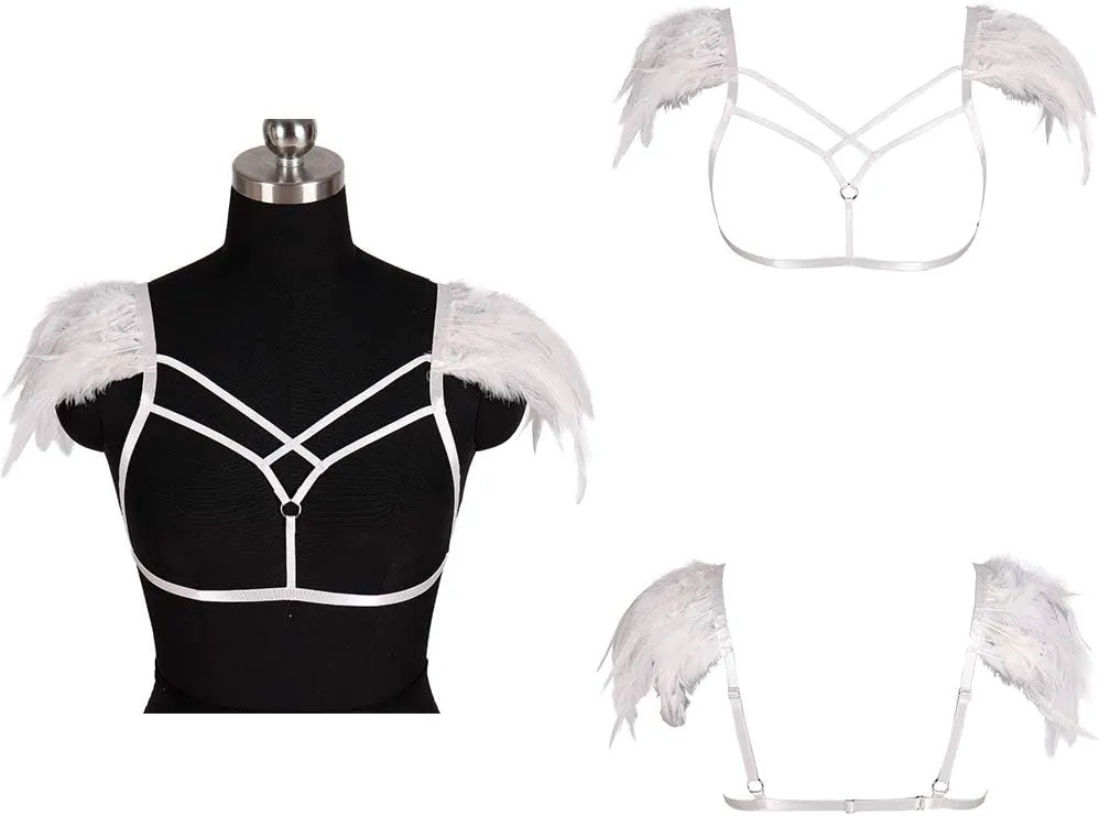 Feathers Epaulets Women's Body Harness Bra Lingerie cage Punk Chest Strap Festival Rave Plus Size