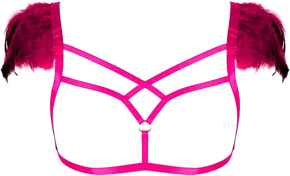 Feathers Epaulets Women's Body Harness Bra Lingerie cage Punk Chest Strap Festival Rave Plus Size