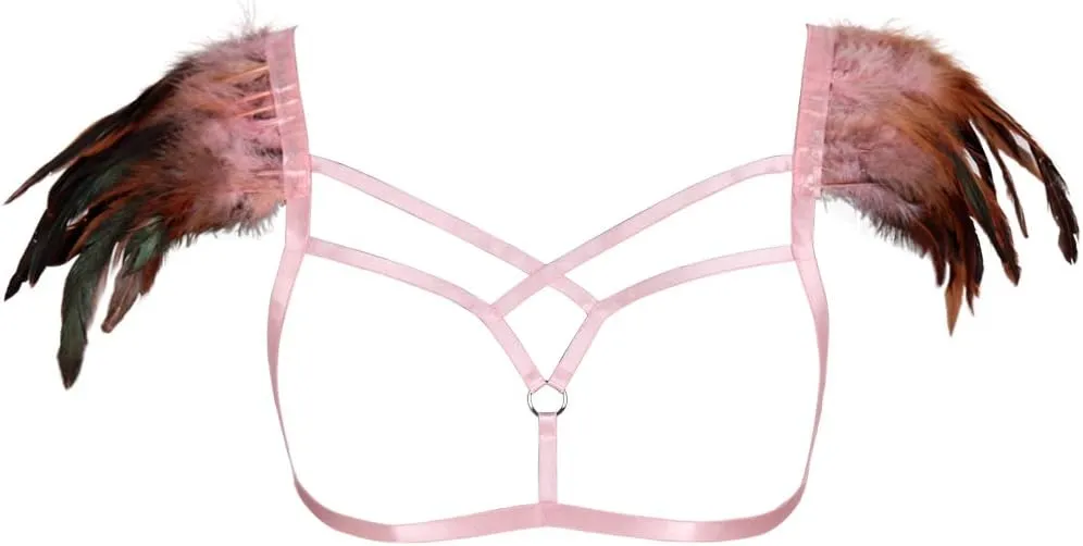 Feathers Epaulets Women's Body Harness Bra Lingerie cage Punk Chest Strap Festival Rave Plus Size