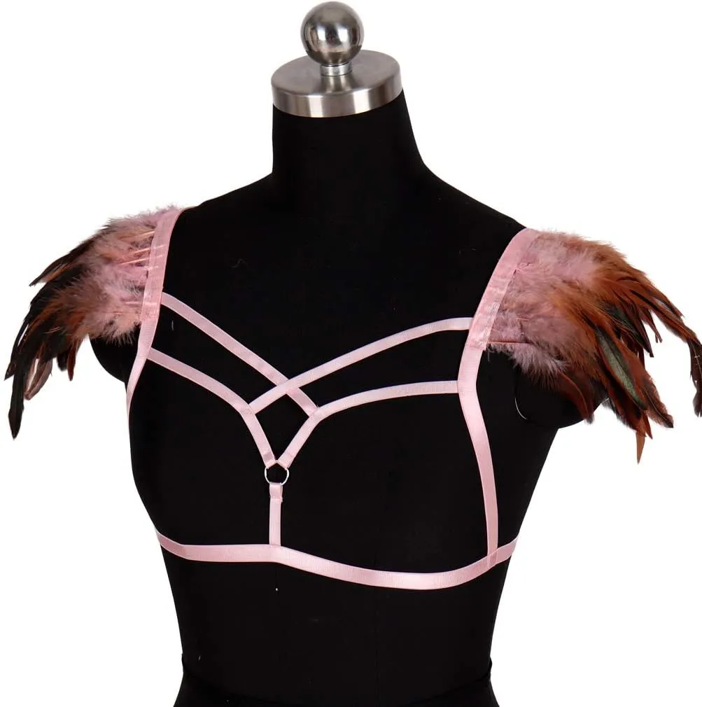 Feathers Epaulets Women's Body Harness Bra Lingerie cage Punk Chest Strap Festival Rave Plus Size