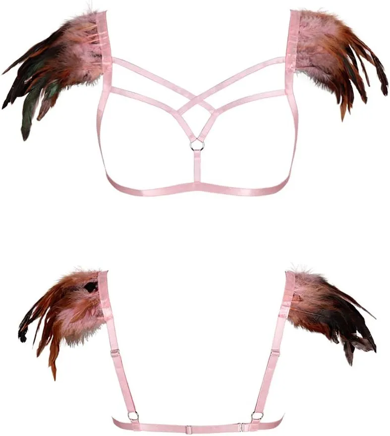 Feathers Epaulets Women's Body Harness Bra Lingerie cage Punk Chest Strap Festival Rave Plus Size