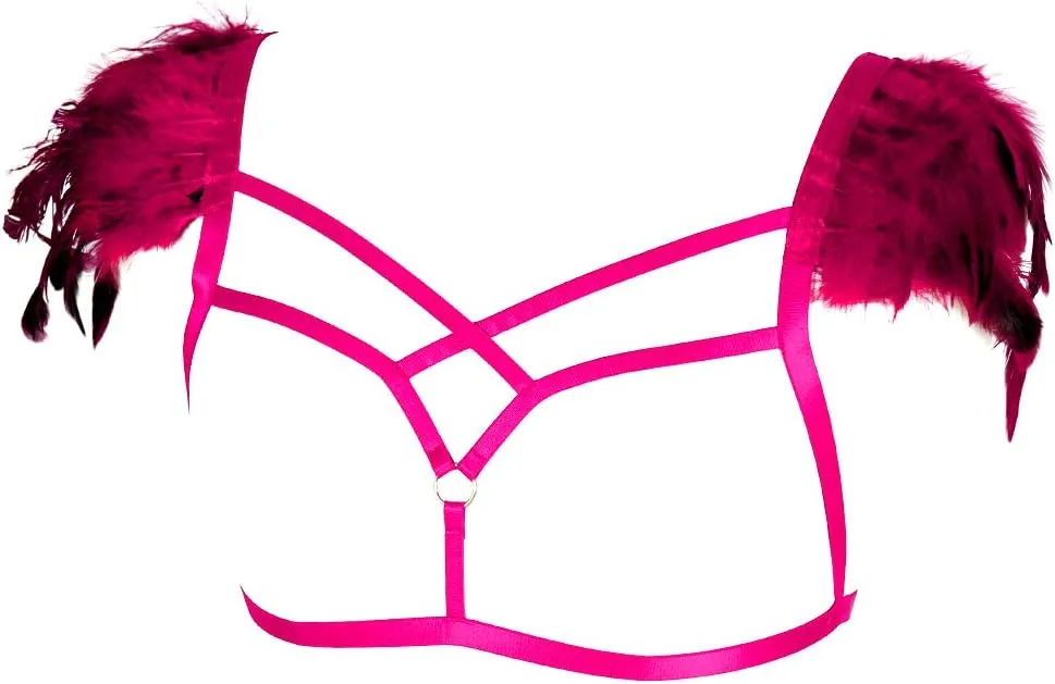Feathers Epaulets Women's Body Harness Bra Lingerie cage Punk Chest Strap Festival Rave Plus Size