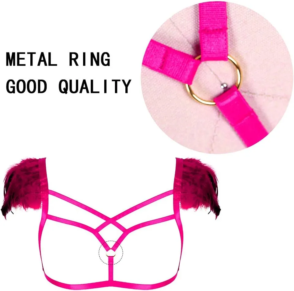 Feathers Epaulets Women's Body Harness Bra Lingerie cage Punk Chest Strap Festival Rave Plus Size