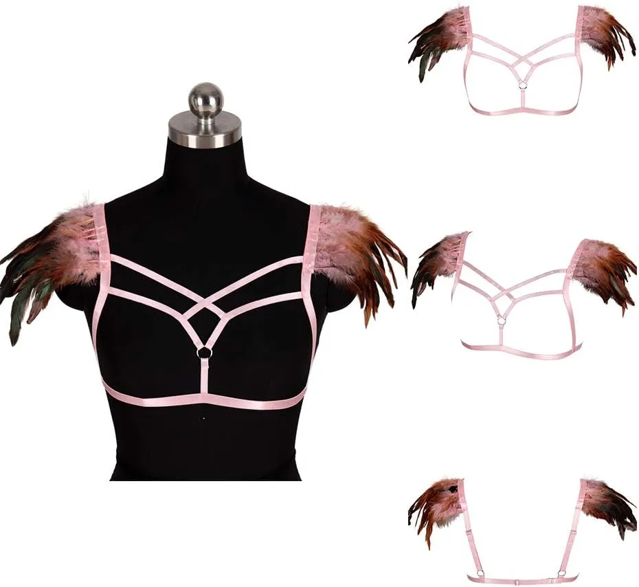 Feathers Epaulets Women's Body Harness Bra Lingerie cage Punk Chest Strap Festival Rave Plus Size