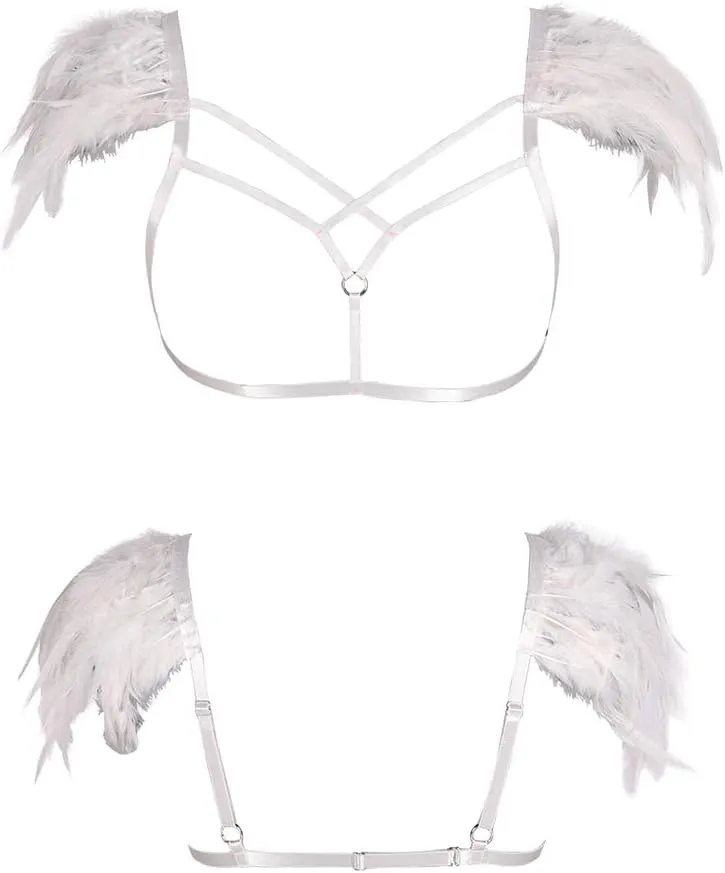 Feathers Epaulets Women's Body Harness Bra Lingerie cage Punk Chest Strap Festival Rave Plus Size