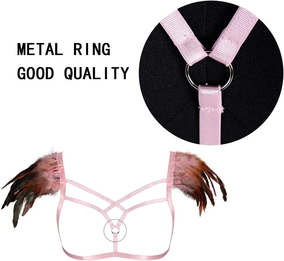 Feathers Epaulets Women's Body Harness Bra Lingerie cage Punk Chest Strap Festival Rave Plus Size