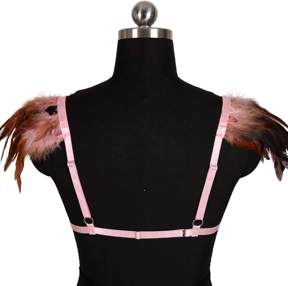 Feathers Epaulets Women's Body Harness Bra Lingerie cage Punk Chest Strap Festival Rave Plus Size