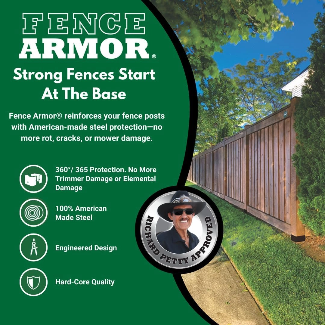Fence Armor Galvanized Steel Pro-Series Post Guard | Protection Against String Trimmer & Lawn Maintenance Equipment Damage | Includes 4 USA Matching Screws (5.5x5.5x6, Black)