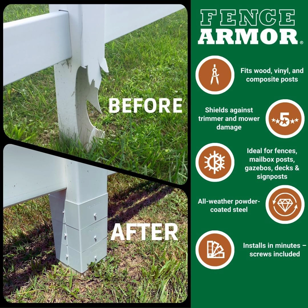 Fence Armor Galvanized Steel Pro-Series Post Guard | Protection Against String Trimmer & Lawn Maintenance Equipment Damage | Includes 4 USA Matching Screws (5.5x5.5x6, Black)