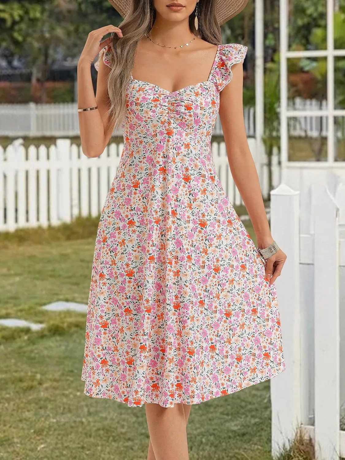 FENSACE Summer Cute Sweetheart Neckline Sundresses Ruffle Sleeve Floral Knee Length Dress