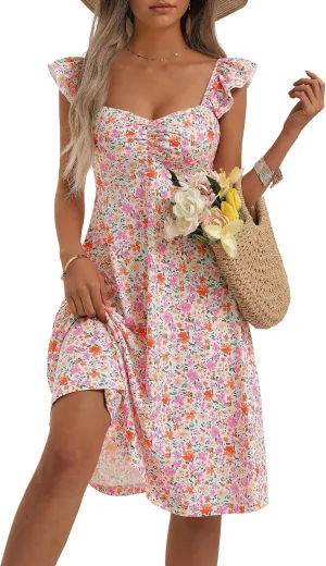 FENSACE Summer Cute Sweetheart Neckline Sundresses Ruffle Sleeve Floral Knee Length Dress