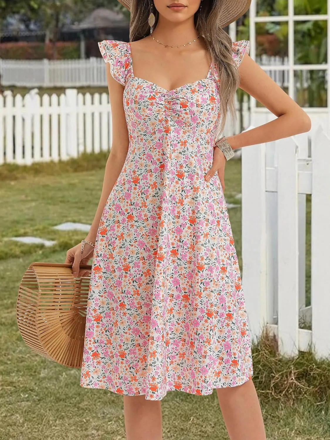 FENSACE Summer Cute Sweetheart Neckline Sundresses Ruffle Sleeve Floral Knee Length Dress