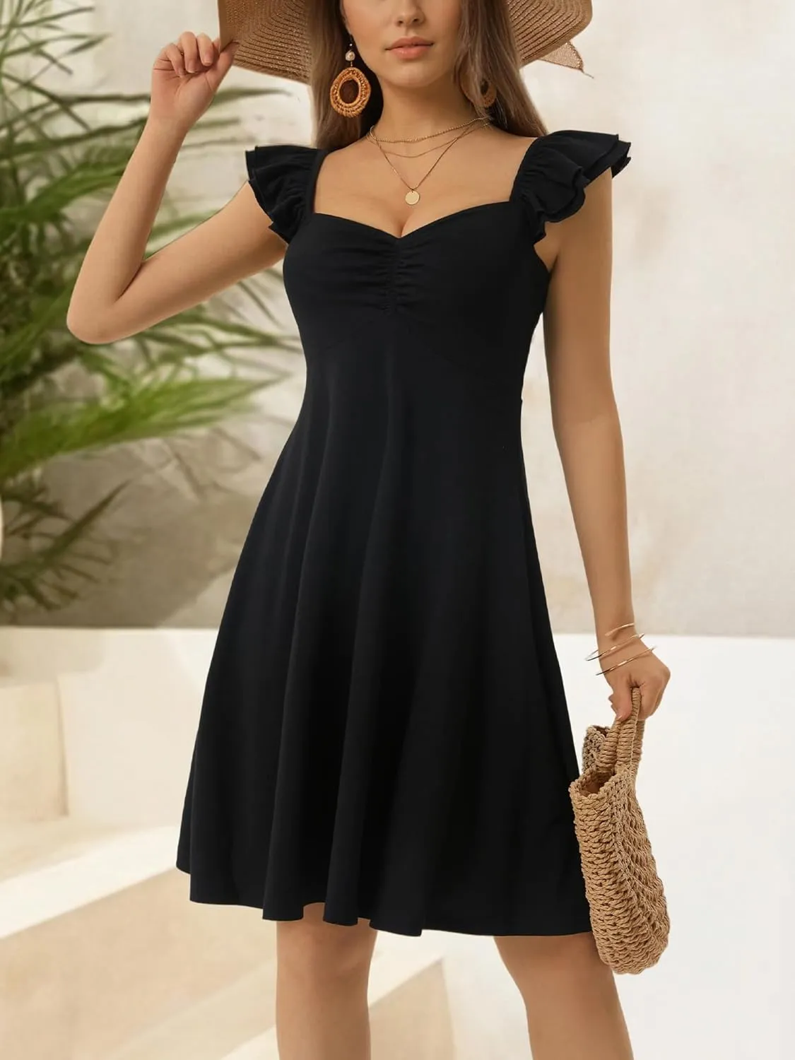 FENSACE Summer Cute Sweetheart Neckline Sundresses Ruffle Sleeve Floral Knee Length Dress
