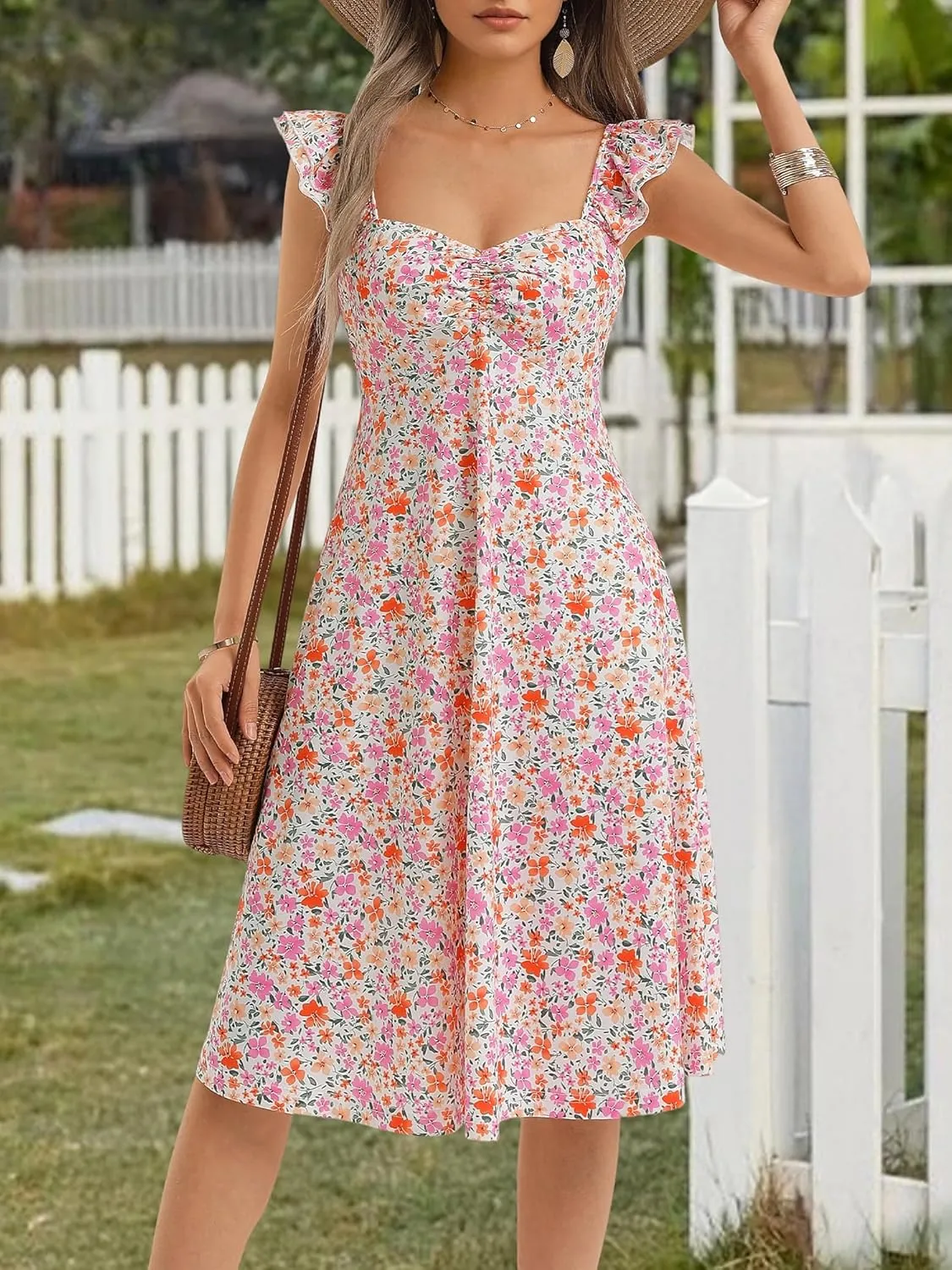 FENSACE Summer Cute Sweetheart Neckline Sundresses Ruffle Sleeve Floral Knee Length Dress
