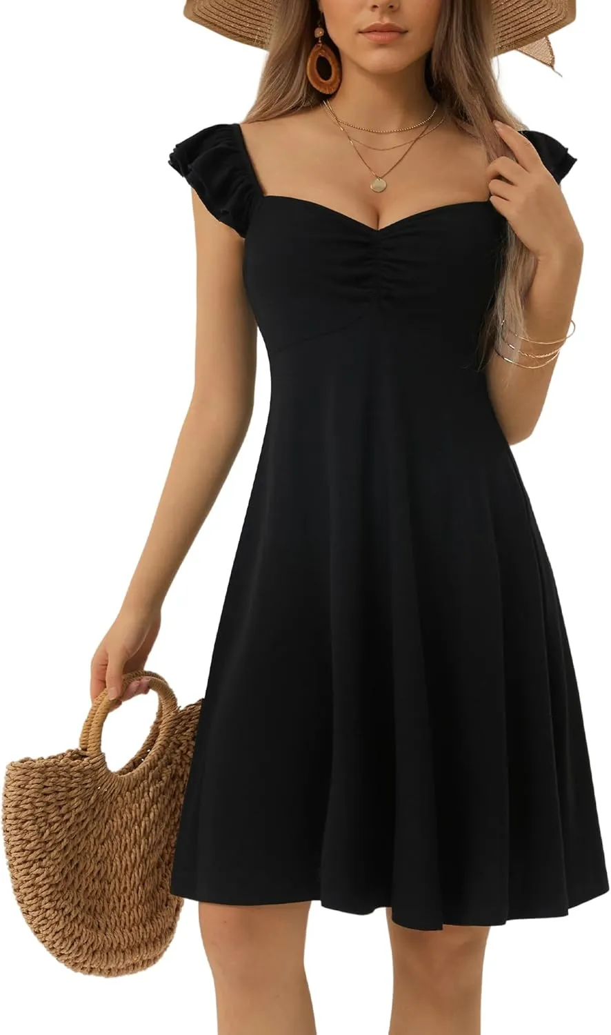 FENSACE Summer Cute Sweetheart Neckline Sundresses Ruffle Sleeve Floral Knee Length Dress