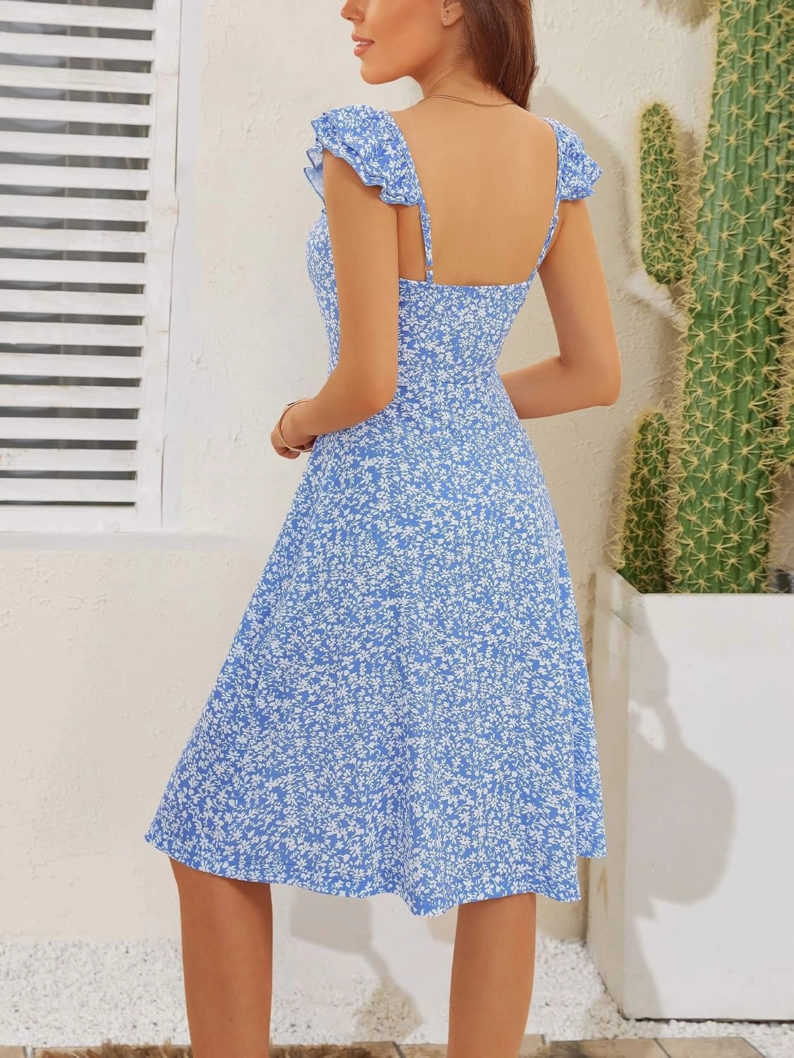 FENSACE Summer Cute Sweetheart Neckline Sundresses Ruffle Sleeve Floral Knee Length Dress