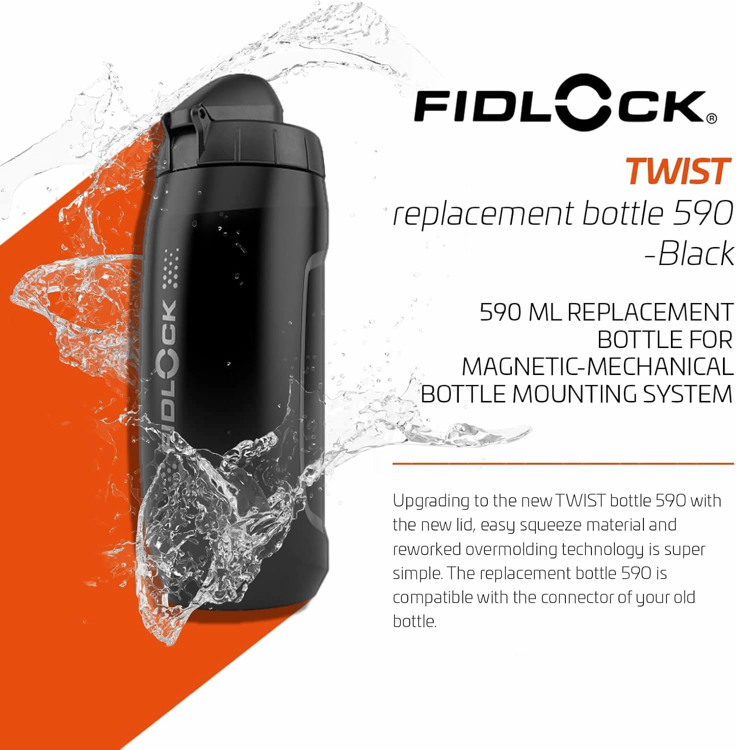 FIDLOCK Twist Replacement Bottle 590ml/20oz | Includes Twist Bottle Only (Twist Base Not Included) | Black