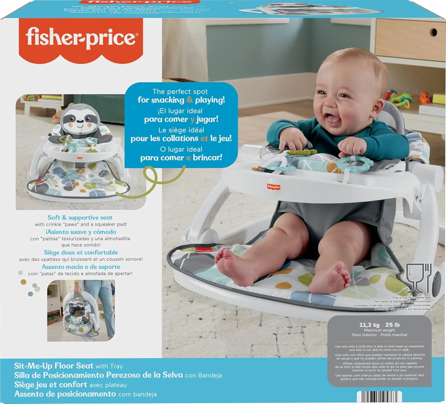 Fisher-Price Portable Baby Chair Sit-Me-Up Floor Seat with Snack Tray, Developmental Toys & Washable Seat Pad, Cute Sloth