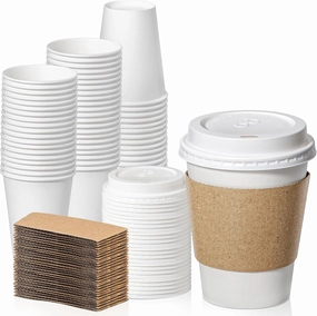 Fit Meal Prep 100 Pack 12 oz Disposable Coffee Cups with Lids, Sleeves, Leak-Proof To Go Coffee Cups with Lids, Durable Hot Paper Cups for Home, Office, Party, Business