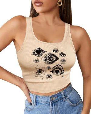 Flafens Crop Tops for Women Summer Tank Tops - Cute Ribbed U Neck Graphic Sleeveless T Shirts Yoga Gym Short Tanktops