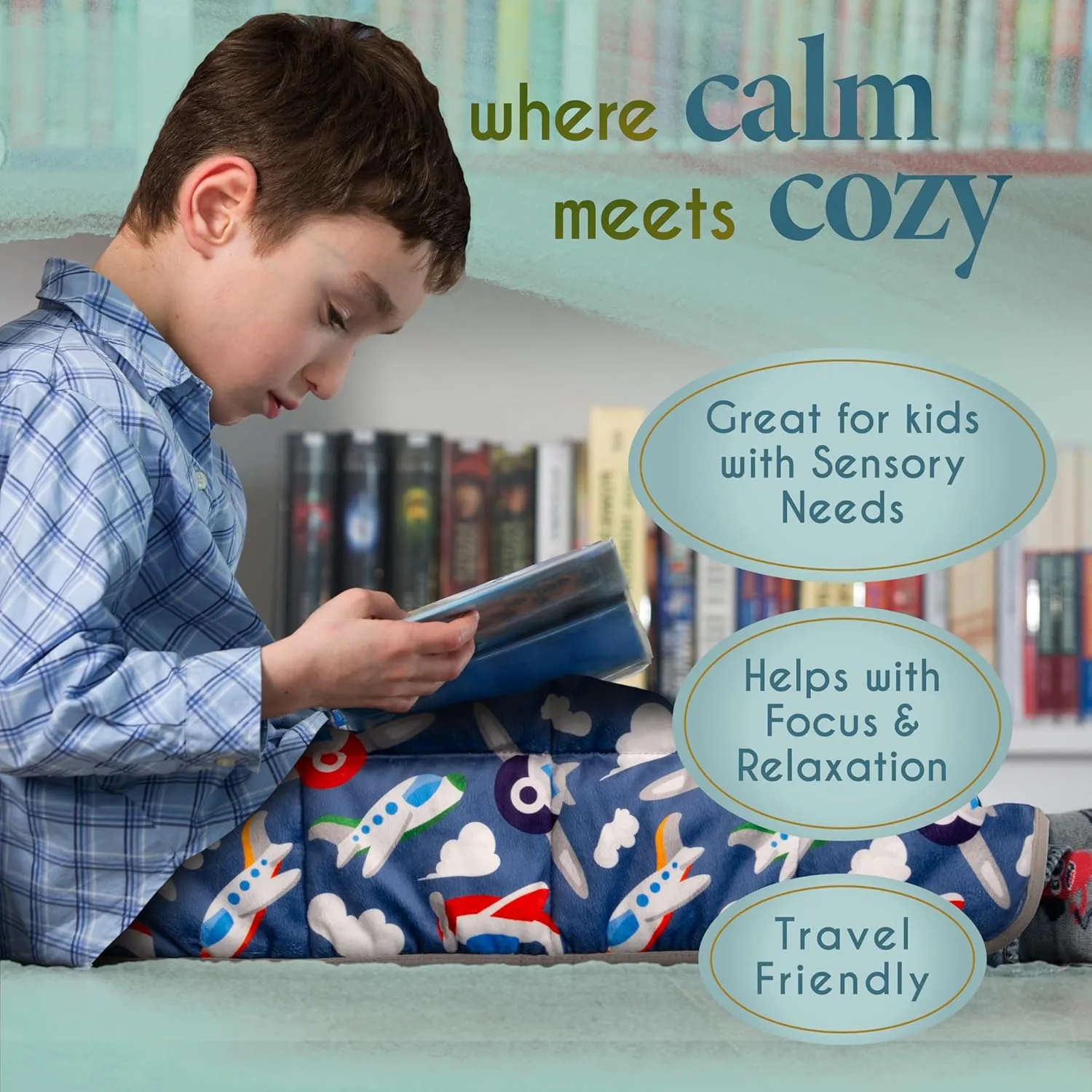 Florensi Weighted Lap Pad for Kids, 7 lbs - Weighted Blanket for Kids, Teenager, Boys, Girls - Soft, Warm, Comfortable - Sensory Weighted Lap Blanket & Calm Down Corner Supplies - 20" x 23" (Airplane)