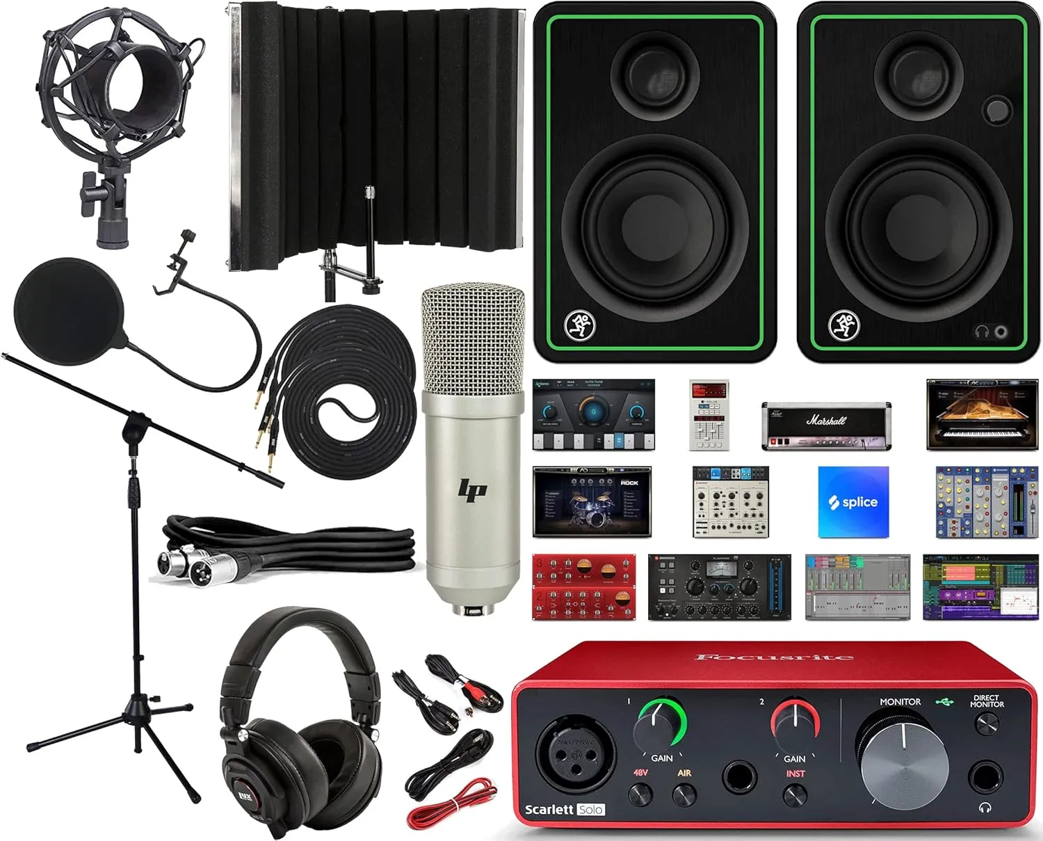 Focusrite Scarlett Solo 2x2 USB Audio Interface with Creative Software with CR4-X Creative Reference Multimedia Monitors and 1/4” Instrument Cable and Microphone Isolation Shield