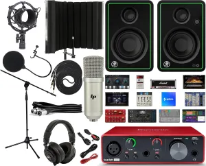 Focusrite Scarlett Solo 2x2 USB Audio Interface with Creative Software with CR4-X Creative Reference Multimedia Monitors and 1/4” Instrument Cable and Microphone Isolation Shield