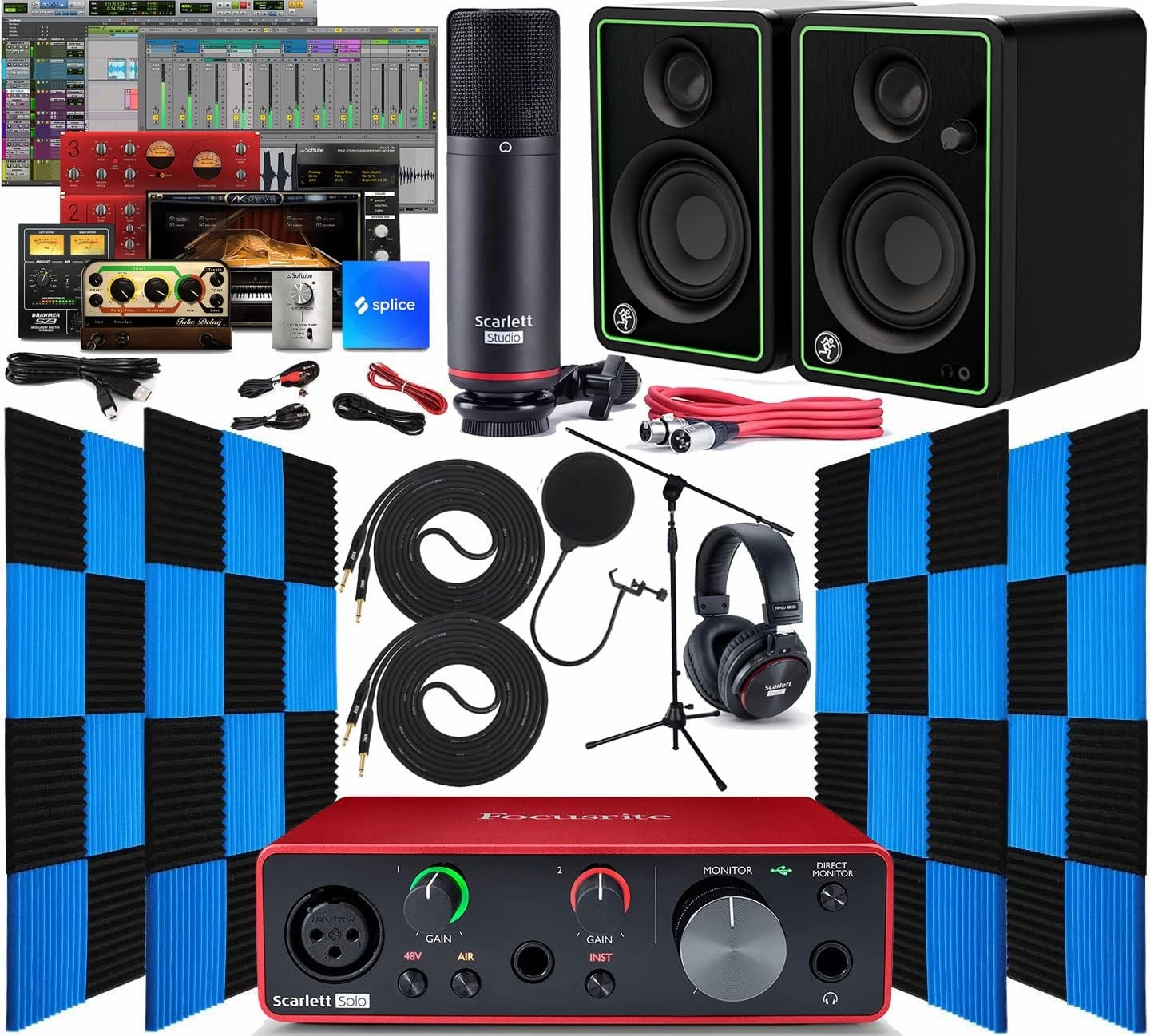 Focusrite Scarlett Solo 2x2 USB Audio Interface with Creative Software and Studio Bundle with CR3-X Pair Studio Monitors, 24 Pack Acoustic Soundproof Studio Foam Wedges Sound Insulation Panels