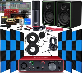 Focusrite Scarlett Solo 2x2 USB Audio Interface with Creative Software and Studio Bundle with CR3-X Pair Studio Monitors, 24 Pack Acoustic Soundproof Studio Foam Wedges Sound Insulation Panels