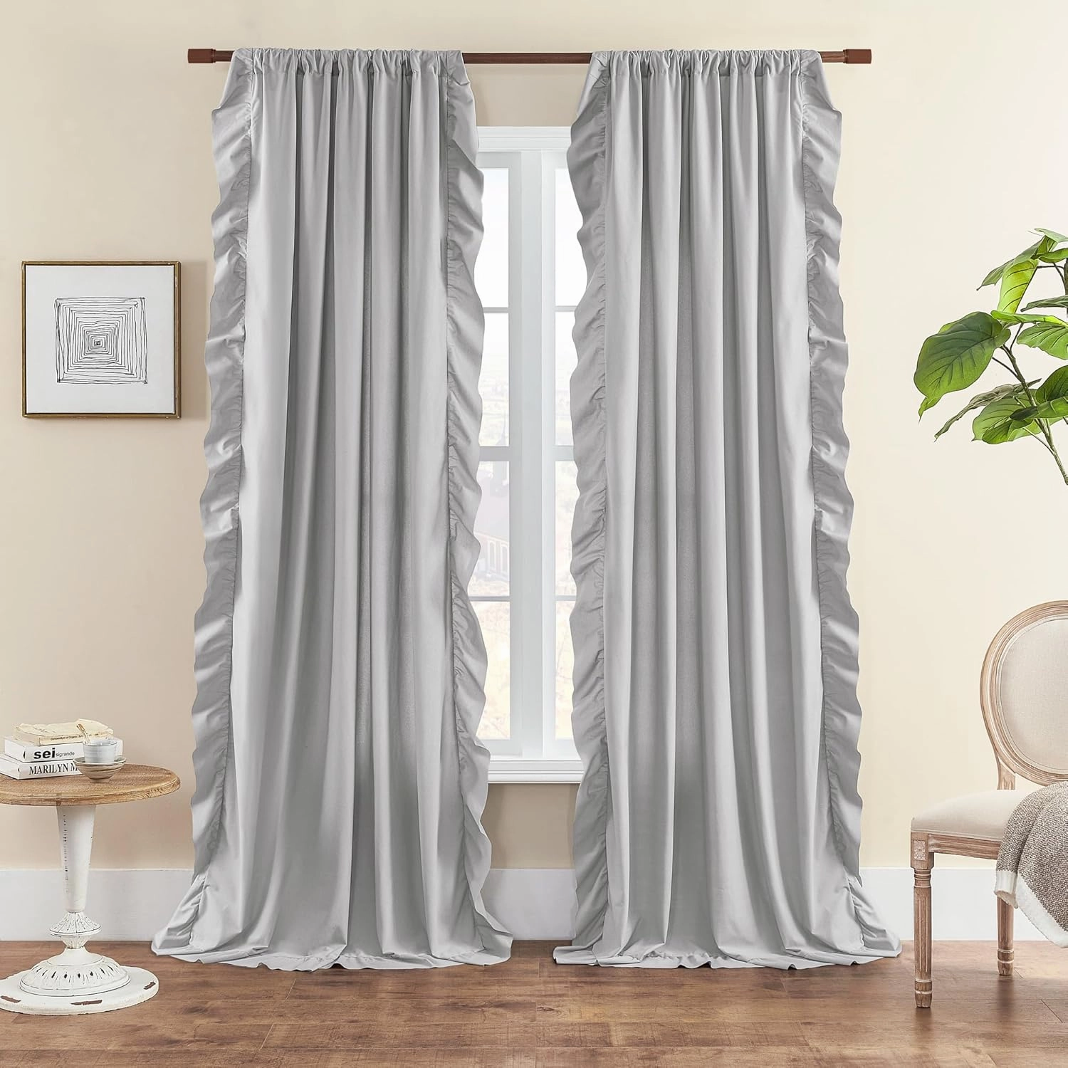 FOLKSIDE Grey Ruffle Curtains 84 Inches Long 2 Panels Set Room Darkening Curtains for Living Room Bedroom Decor Rod Pocket Light Reducing Window Drapes for Kids Boys Nursery Room Privacy Decor, 52x84