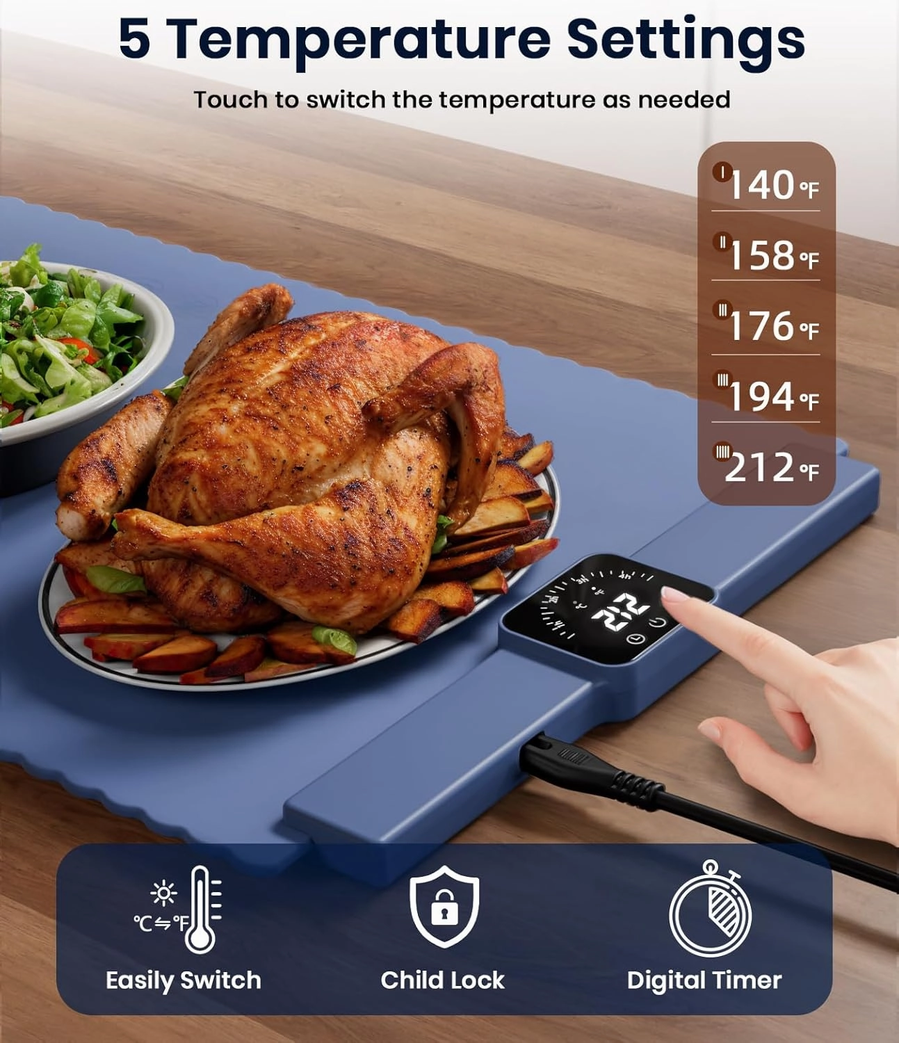 Food Warming Mat for Food, Electric Warming Tray with 5 Temp-Settings to Keep Food Warm at Party, Foldable Heating Pad for Food – Easy Storage, Silicone Food Warming Pad, Easy to Clean
