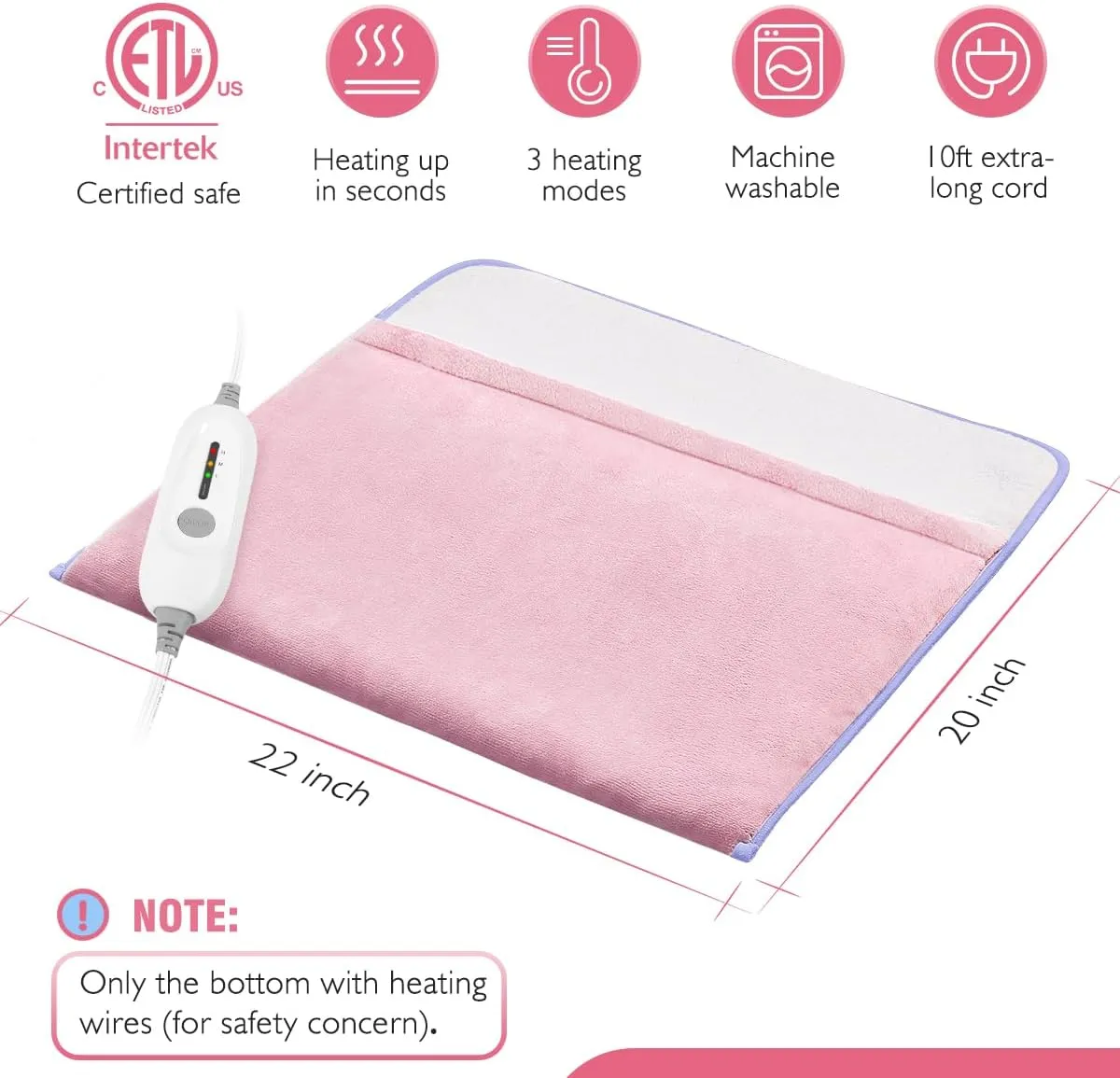 Foot Warmer Electric, Heating Pad King Size Ultra Soft Flannel, Extra Large for Bed, Abdomen, Feet, Back, Cramp, Office/Home Under Desk, 10ft Cord, Auto Off, 22" x 20" - Pink